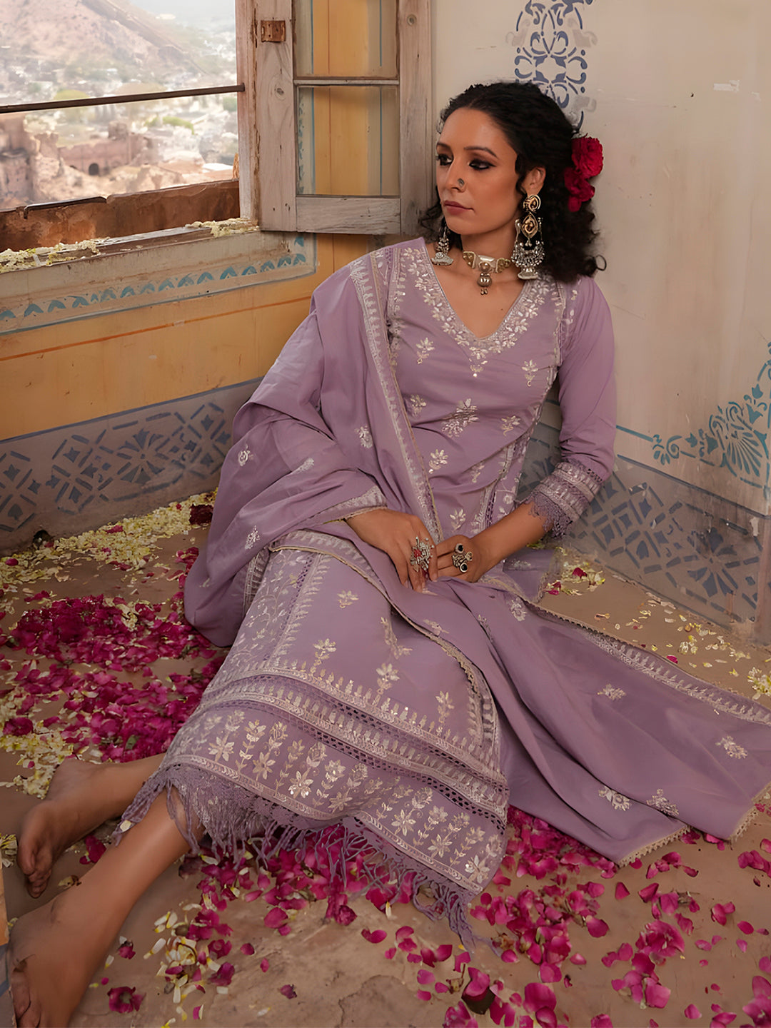 Embroidered & Lace Detailed Kurta With Pant & Embroidered Dupatta Luxury, Multicolor - Hiral Fashion