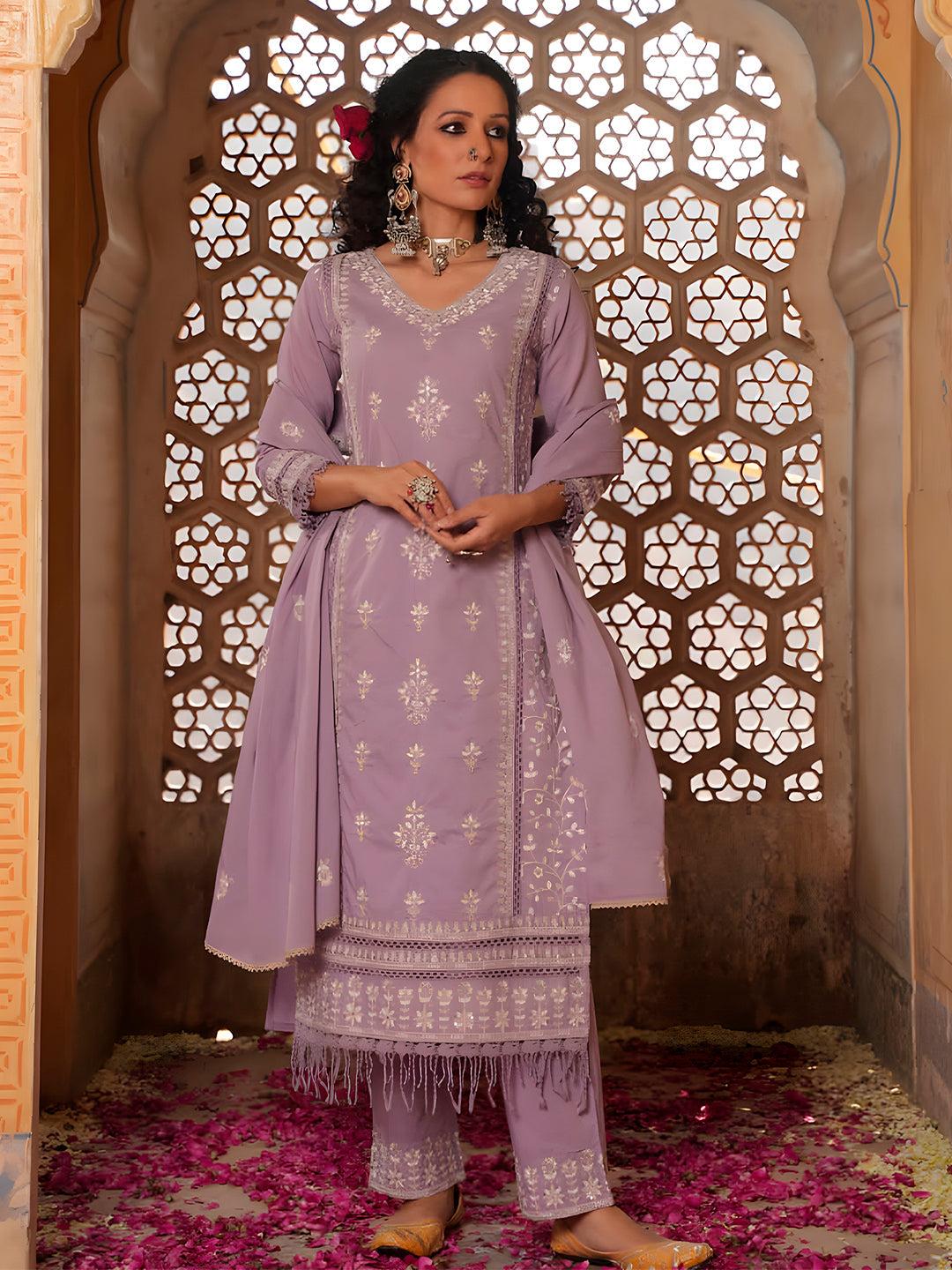 Embroidered & Lace Detailed Kurta With Pant & Embroidered Dupatta Luxury, Multicolor - Hiral Fashion