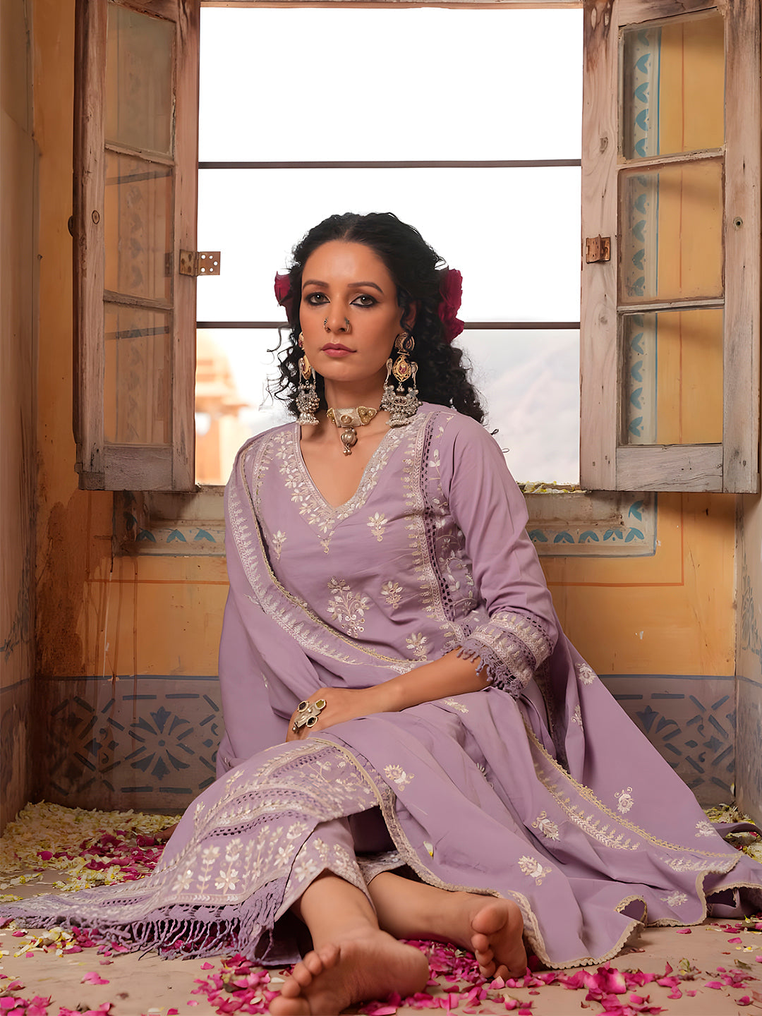 Embroidered & Lace Detailed Kurta With Pant & Embroidered Dupatta Luxury, Multicolor - Hiral Fashion
