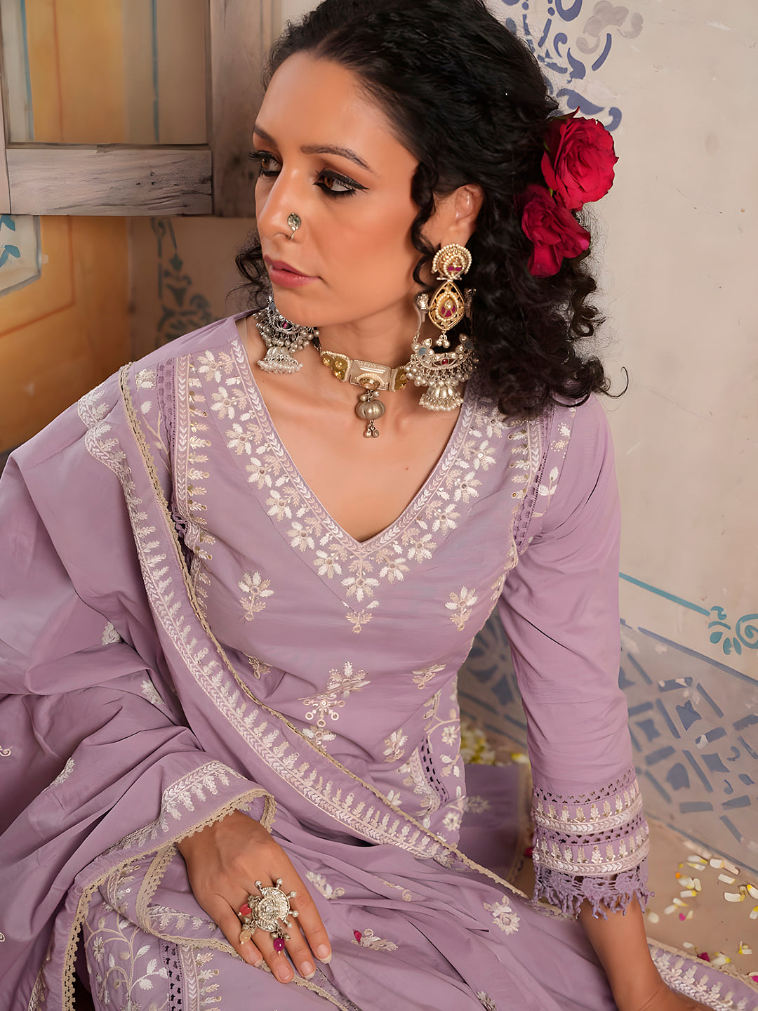 Embroidered & Lace Detailed Kurta With Pant & Embroidered Dupatta Luxury, Multicolor - Hiral Fashion