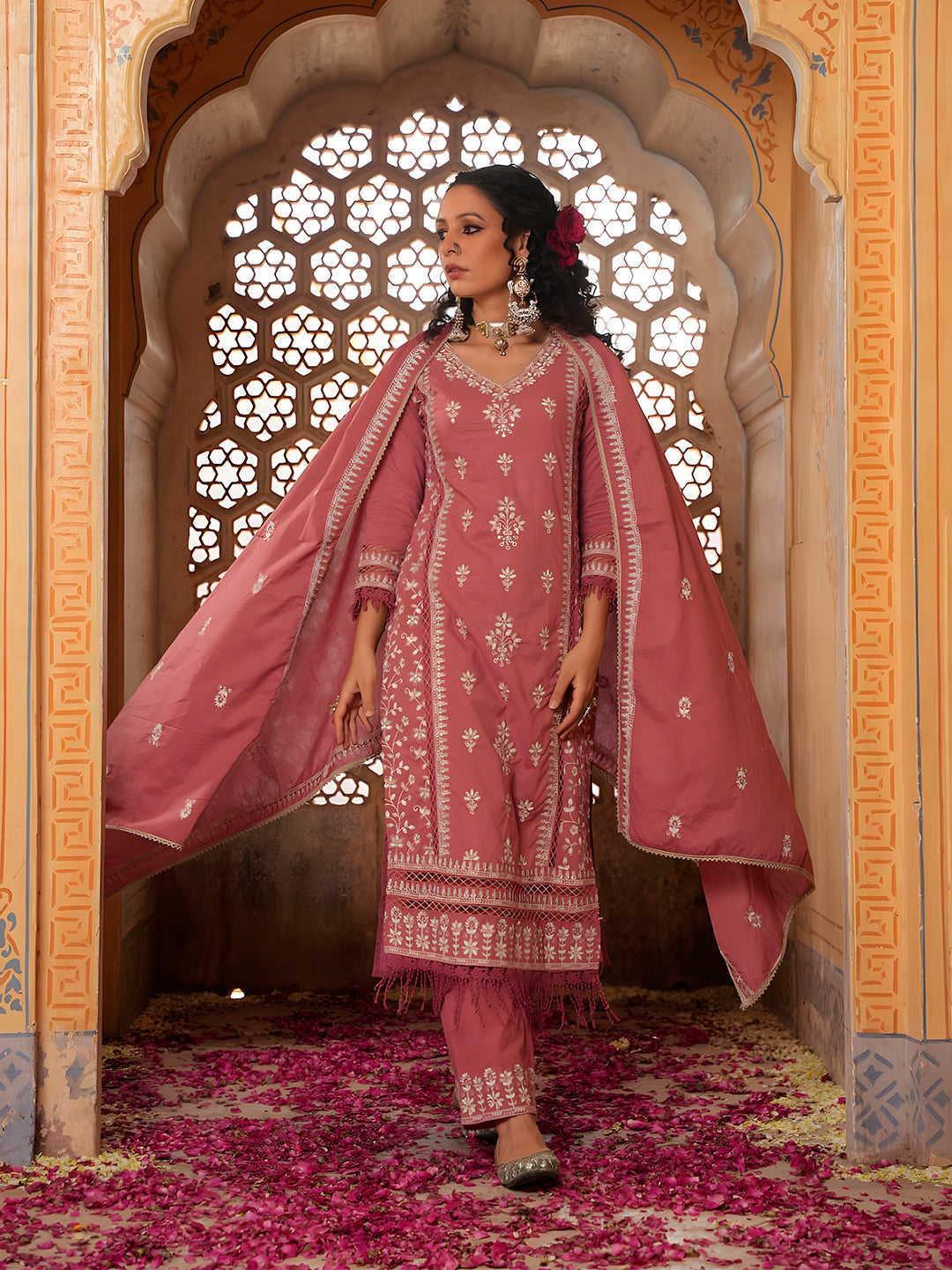 Embroidered & Lace Detailed Kurta With Pant & Embroidered Dupatta Luxury, Multicolor - Hiral Fashion