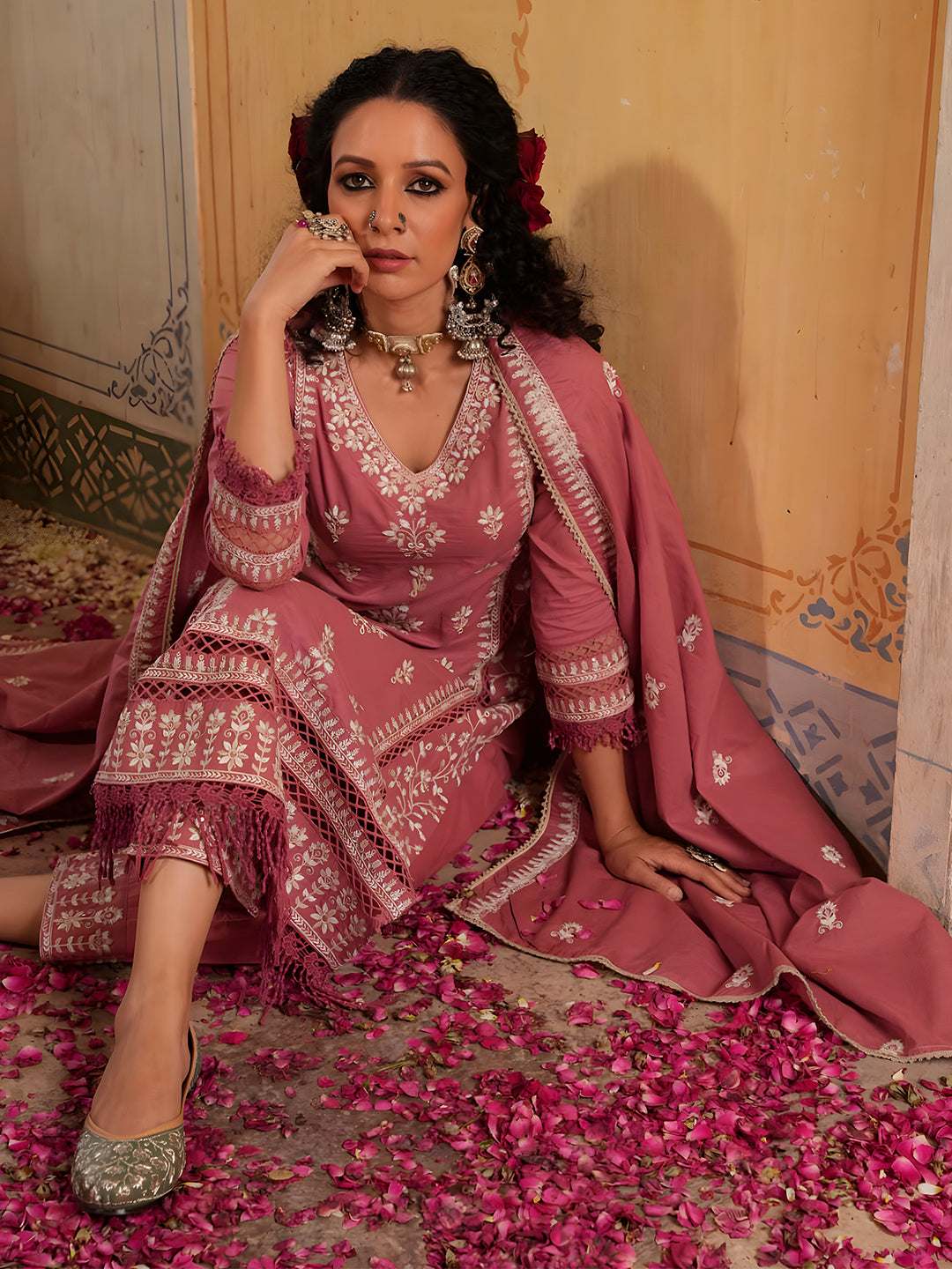 Embroidered & Lace Detailed Kurta With Pant & Embroidered Dupatta Luxury, Multicolor - Hiral Fashion