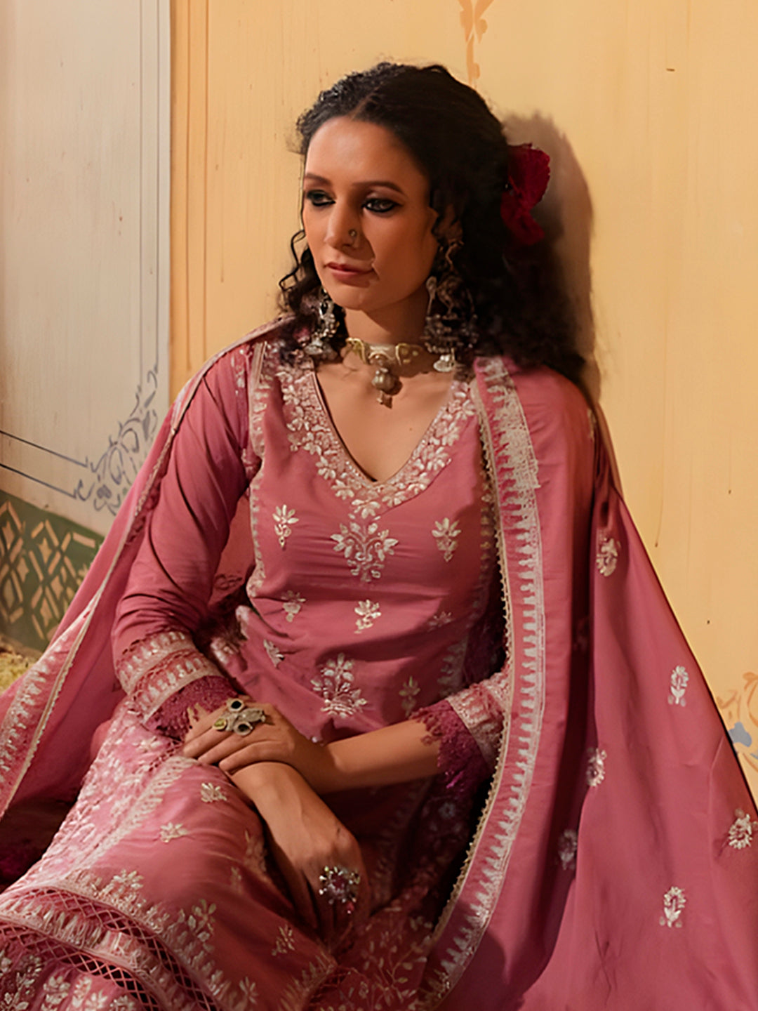 Embroidered & Lace Detailed Kurta With Pant & Embroidered Dupatta Luxury, Multicolor - Hiral Fashion