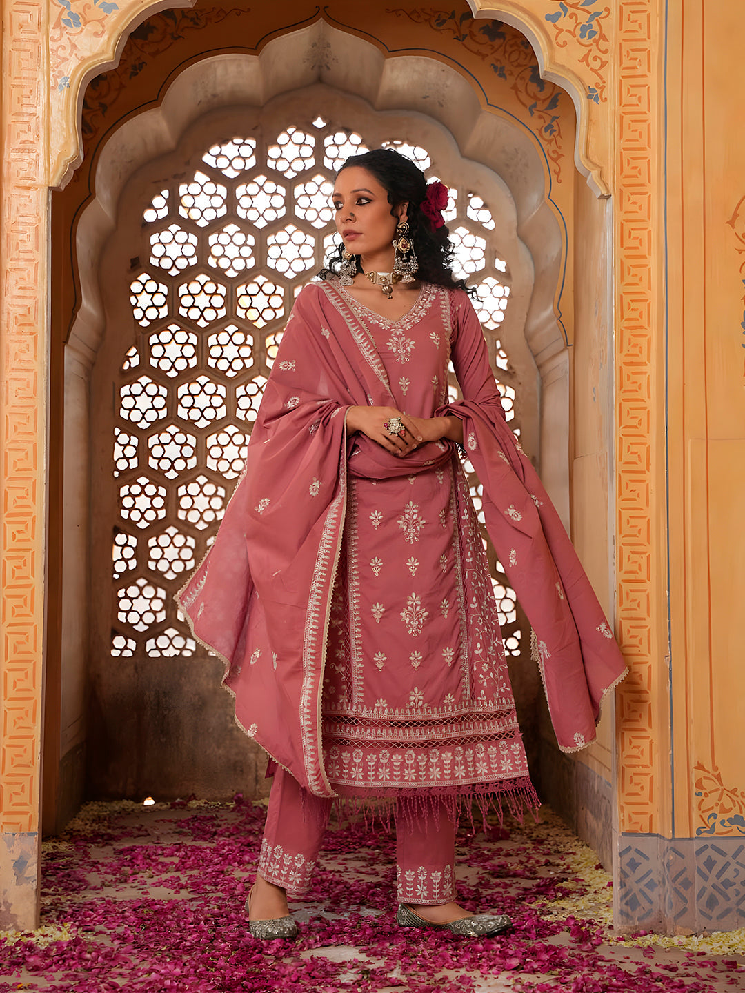 Embroidered & Lace Detailed Kurta With Pant & Embroidered Dupatta Luxury, Multicolor - Hiral Fashion