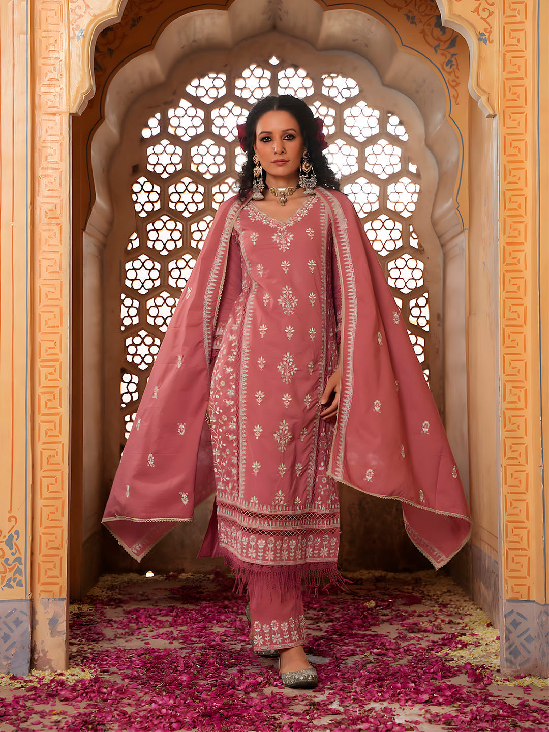 Embroidered & Lace Detailed Kurta With Pant & Embroidered Dupatta Luxury, Multicolor - Hiral Fashion