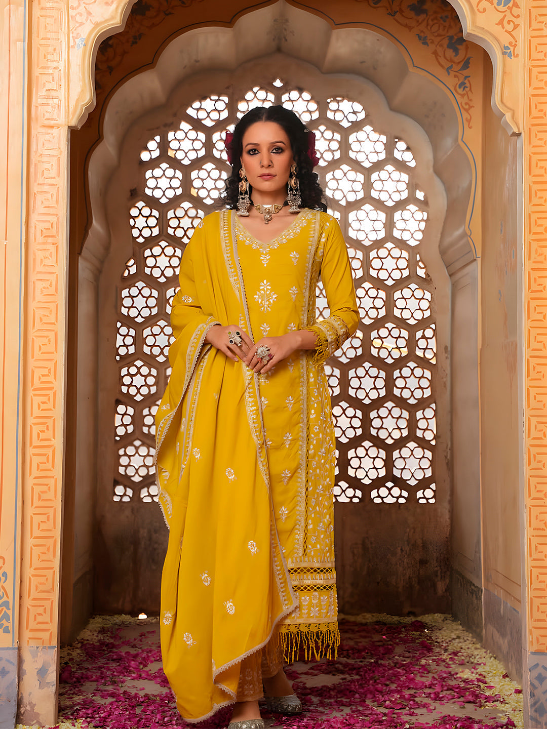 Embroidered & Lace Detailed Kurta With Pant & Embroidered Dupatta Luxury, Multicolor - Hiral Fashion