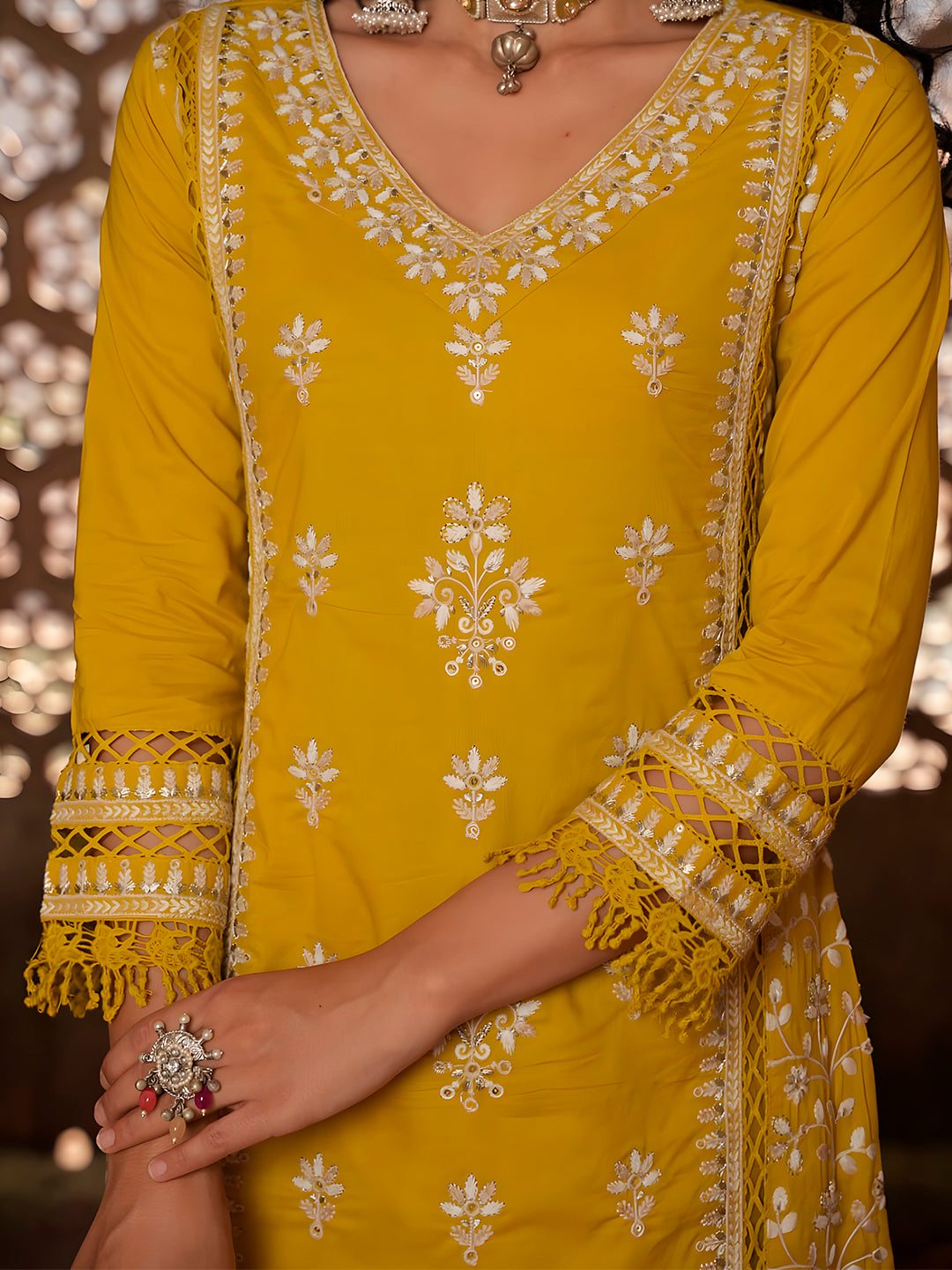 Embroidered & Lace Detailed Kurta With Pant & Embroidered Dupatta Luxury, Multicolor - Hiral Fashion