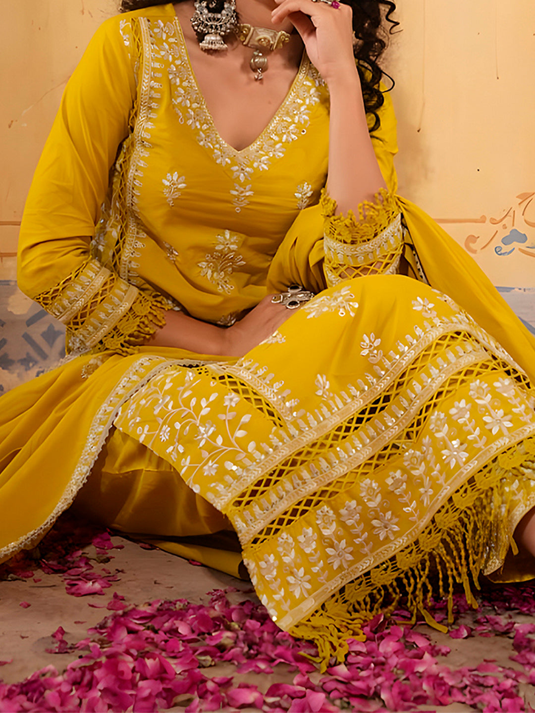 Embroidered & Lace Detailed Kurta With Pant & Embroidered Dupatta Luxury, Multicolor - Hiral Fashion