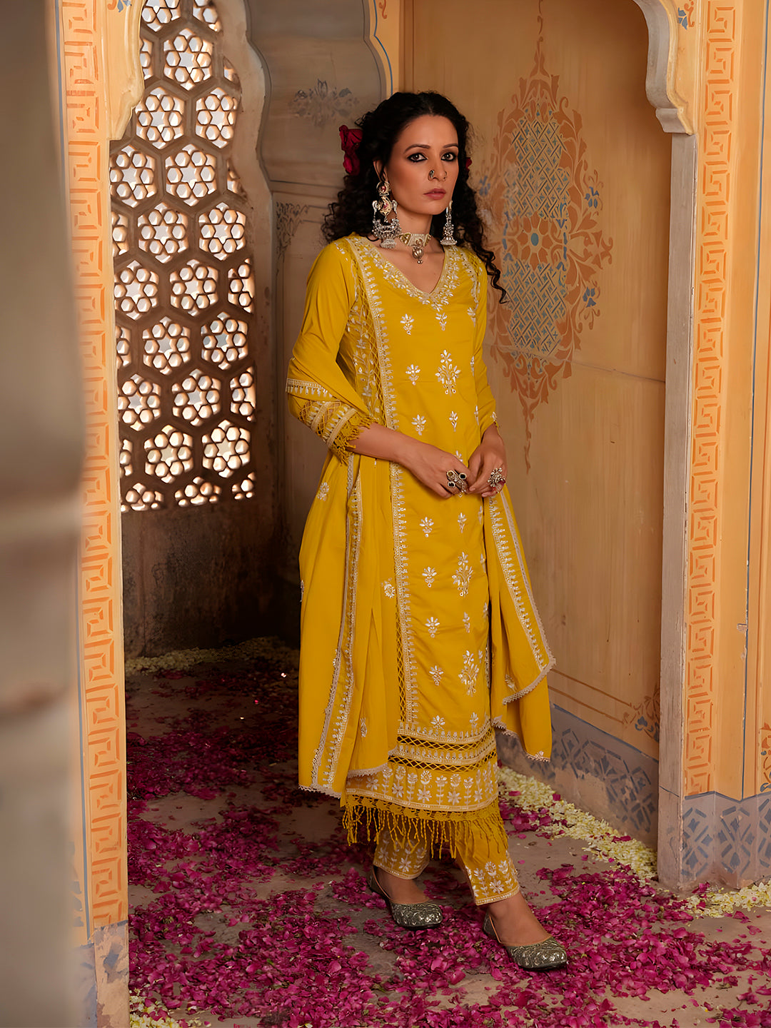 Embroidered & Lace Detailed Kurta With Pant & Embroidered Dupatta Luxury, Multicolor - Hiral Fashion