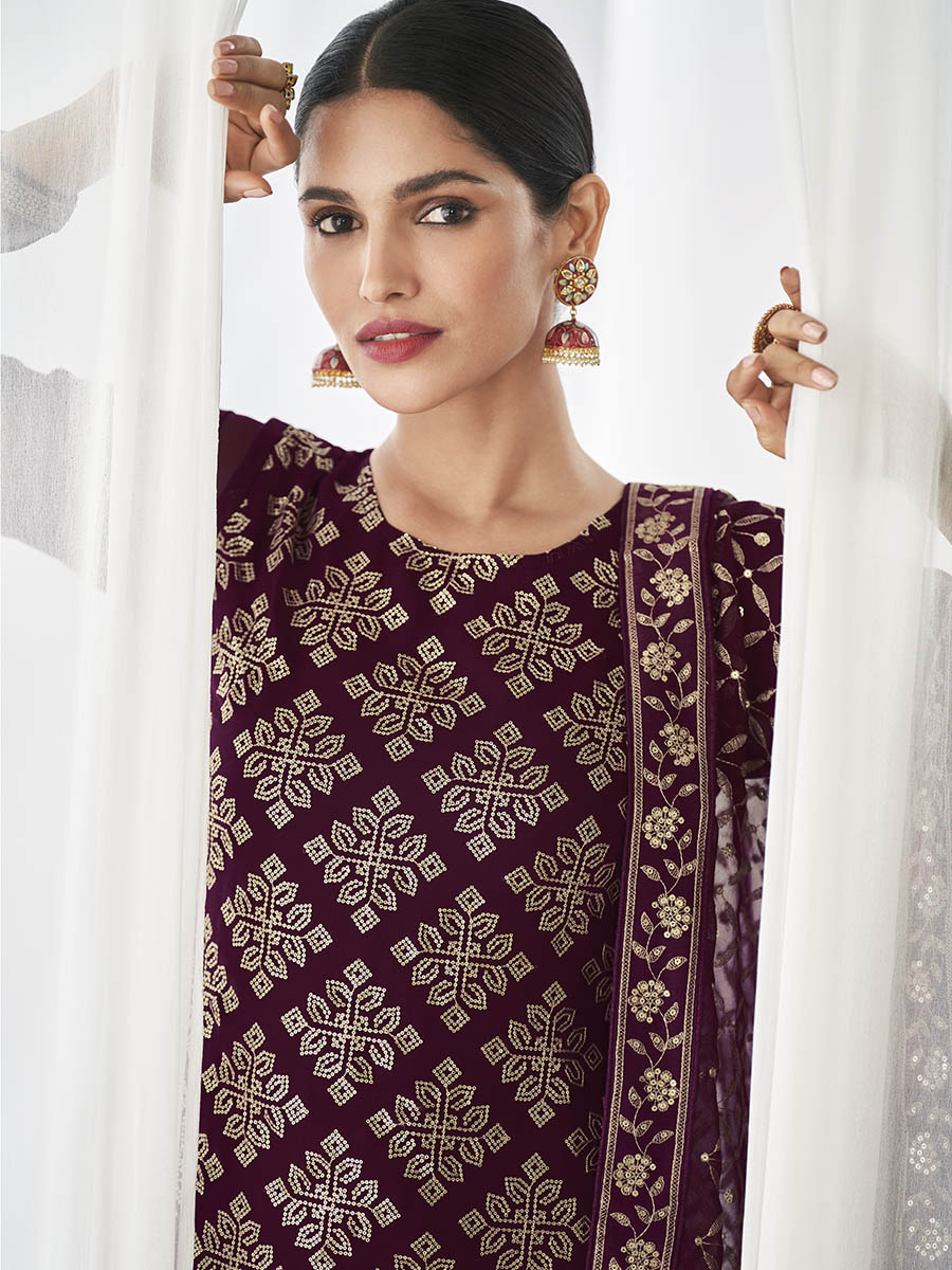 Myra Purple Real Georgette Palazzo Style Suit