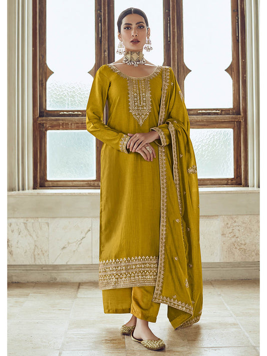 Myra Mustard Yellow Premium Silk Embroidered Pant Style Suit
