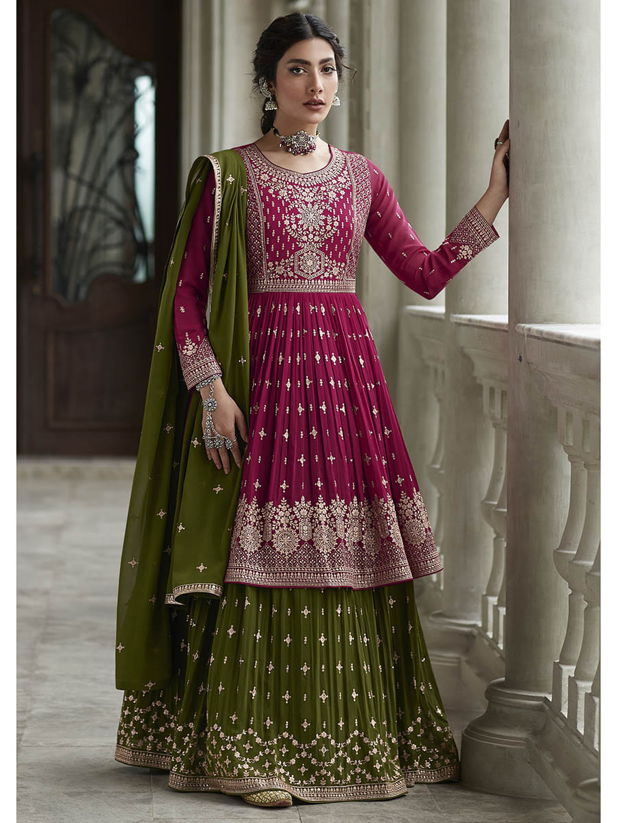 Myra Mehendi and Rani Georgette Skirt Style Embroidered Suit 