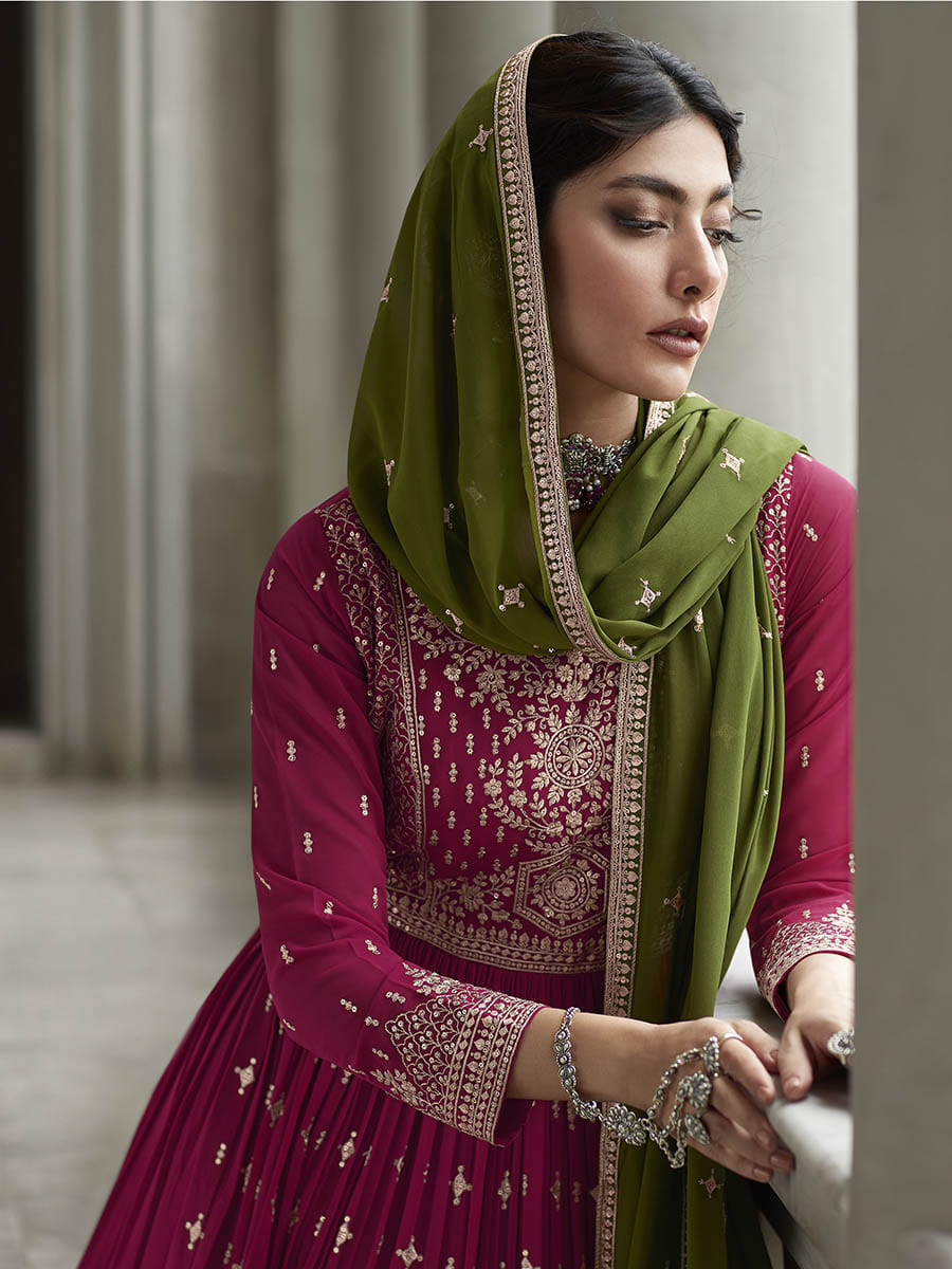 Myra Mehendi and Rani Georgette Skirt Style Embroidered Suit 