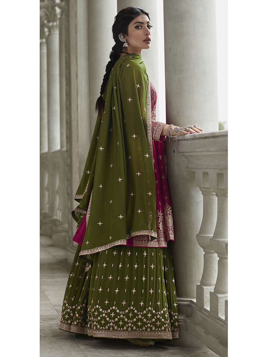 Myra Mehendi and Rani Georgette Skirt Style Embroidered Suit 