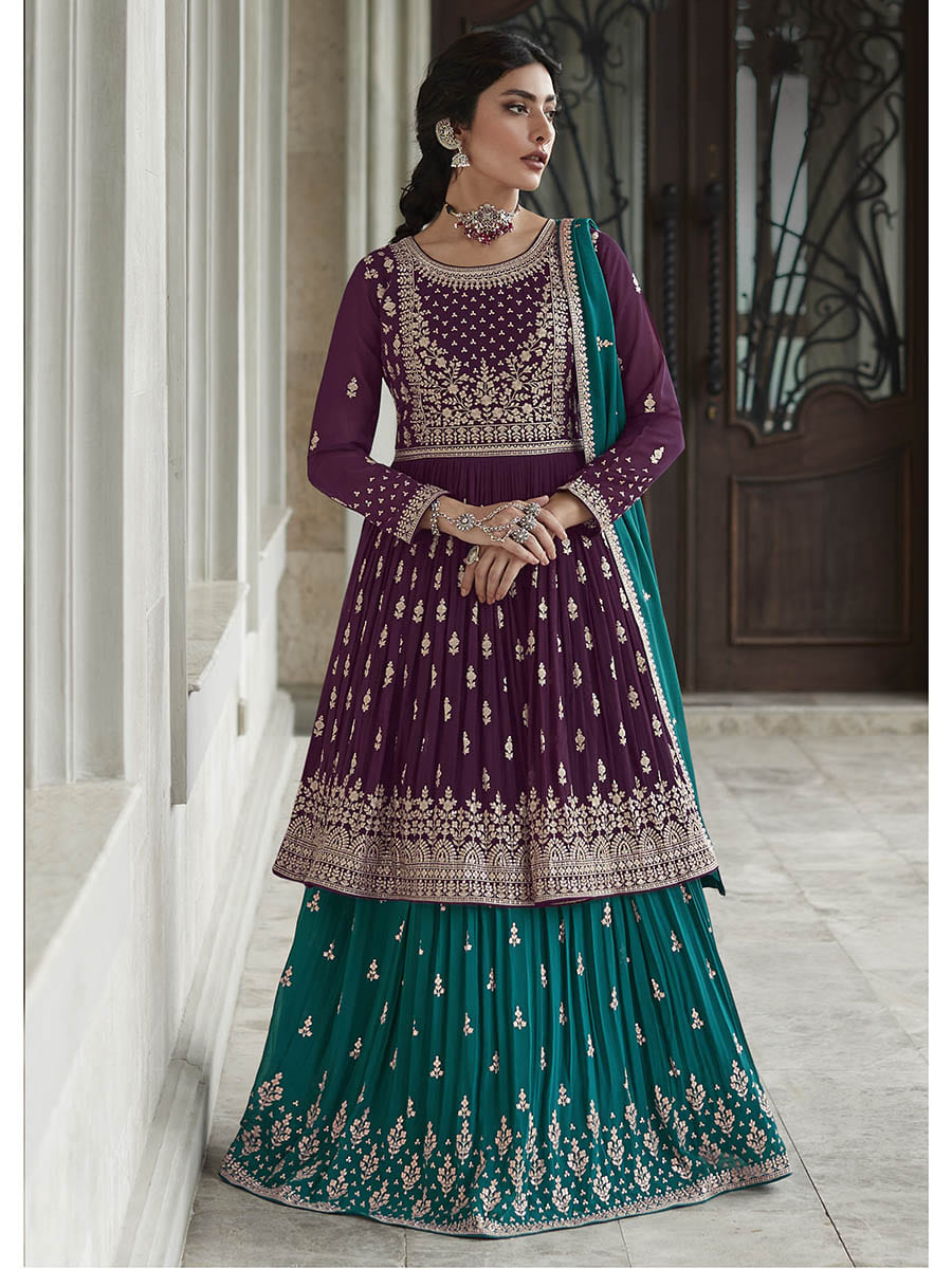 Myra Violet and Firozi Georgette Skirt Style Embroidered Suit 