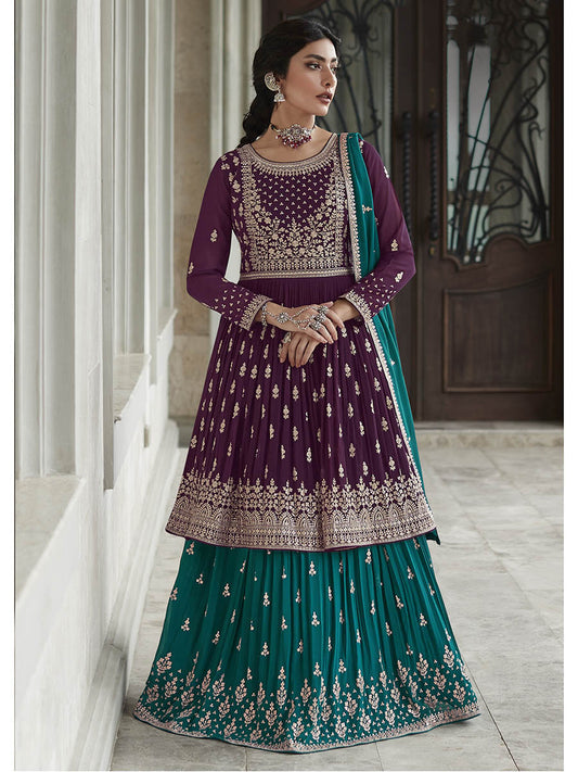 Myra Violet and Firozi Georgette Skirt Style Embroidered Suit 
