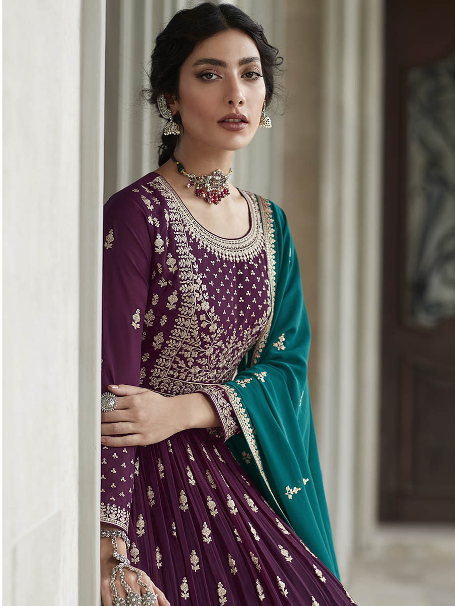 Myra Violet and Firozi Georgette Skirt Style Embroidered Suit 