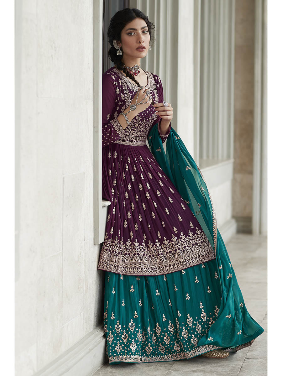 Myra Violet and Firozi Georgette Skirt Style Embroidered Suit 