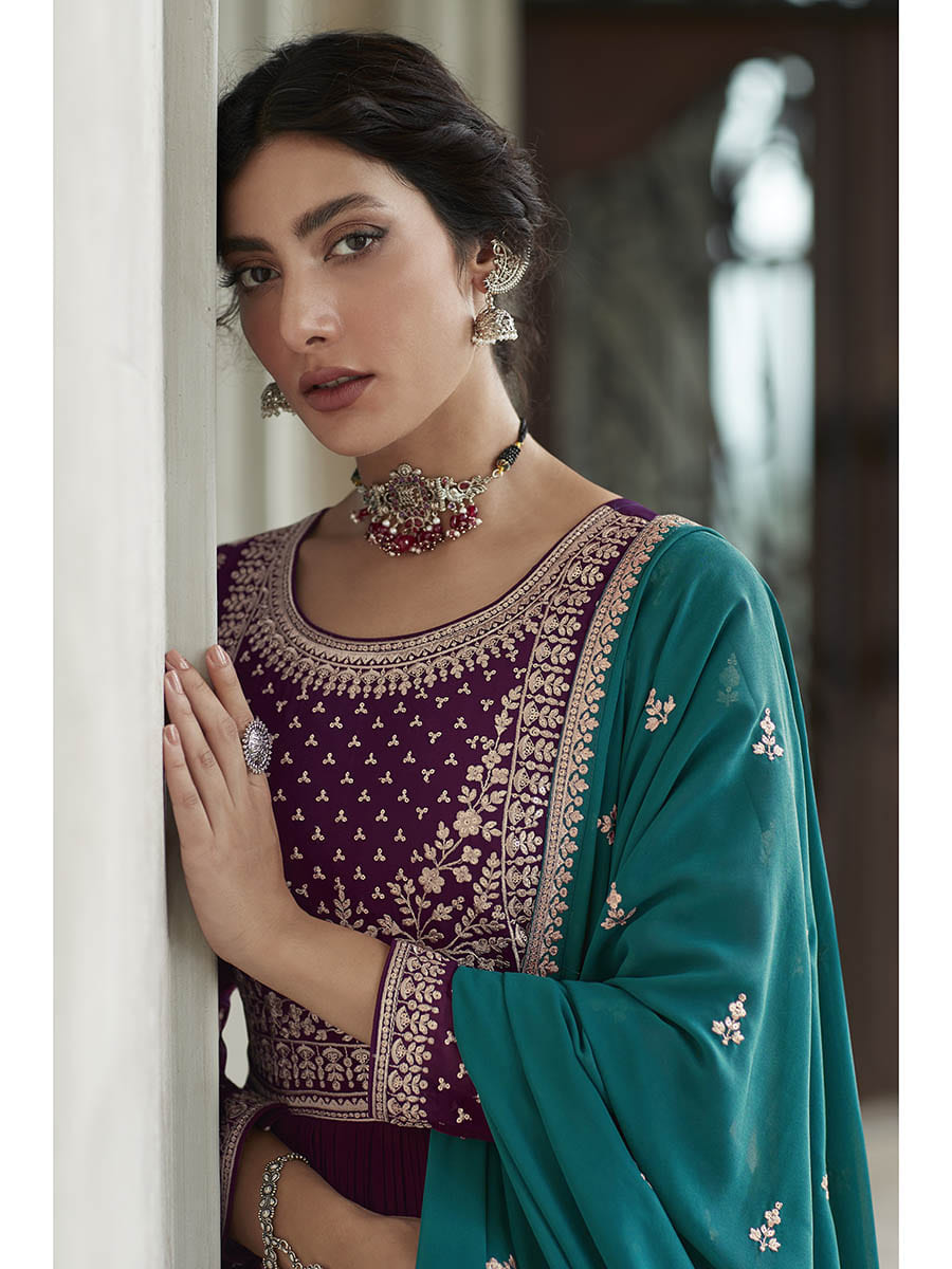 Myra Violet and Firozi Georgette Skirt Style Embroidered Suit 