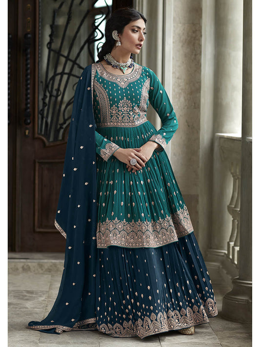 Myra Navy and Firozi Georgette Skirt Style Embroidered Suit 