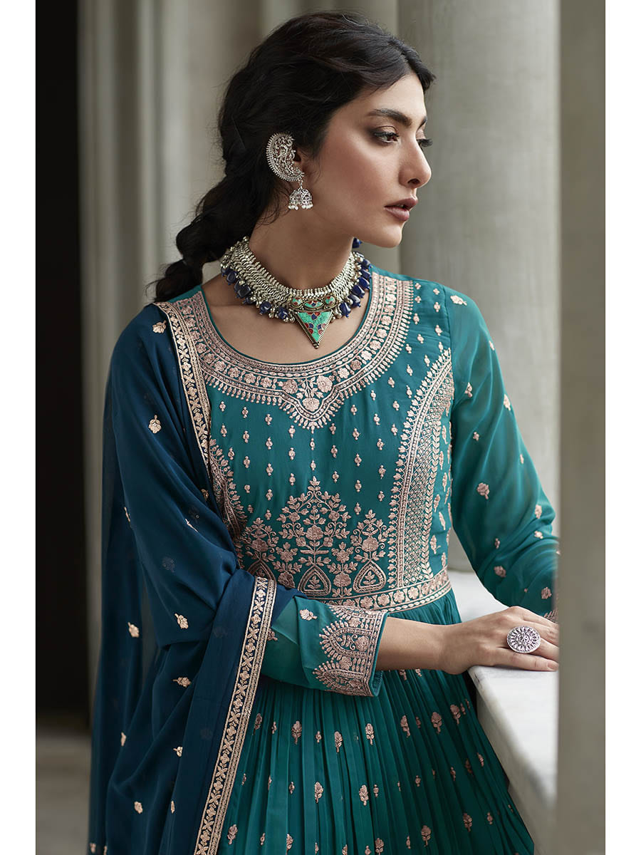 Myra Navy and Firozi Georgette Skirt Style Embroidered Suit 