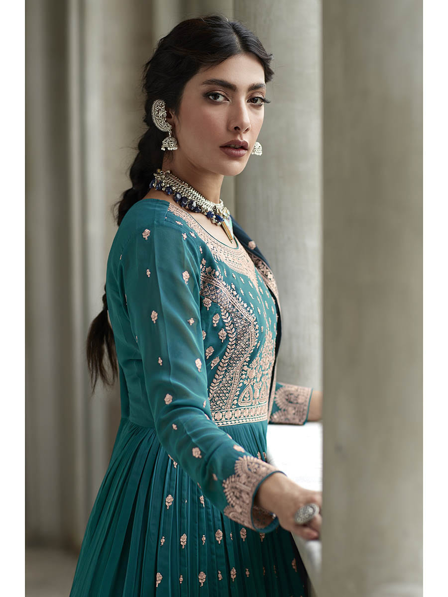 Myra Navy and Firozi Georgette Skirt Style Embroidered Suit 