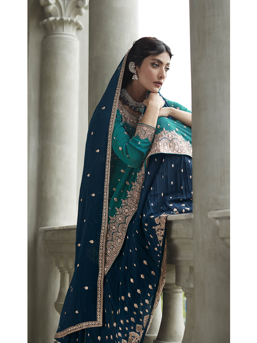 Myra Navy and Firozi Georgette Skirt Style Embroidered Suit 