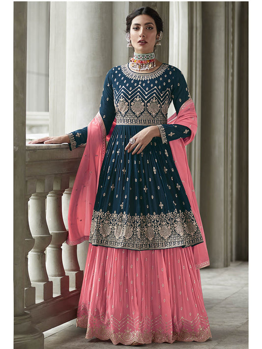 Myra Navy and Pink Georgette Skirt Style Embroidered Suit 