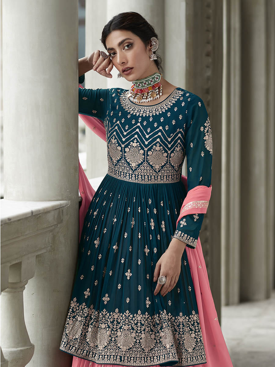 Myra Navy and Pink Georgette Skirt Style Embroidered Suit 