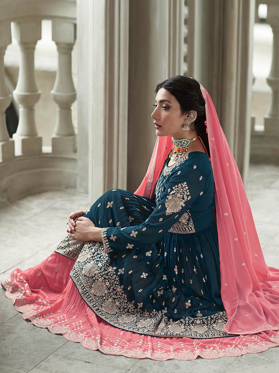 Myra Navy and Pink Georgette Skirt Style Embroidered Suit 