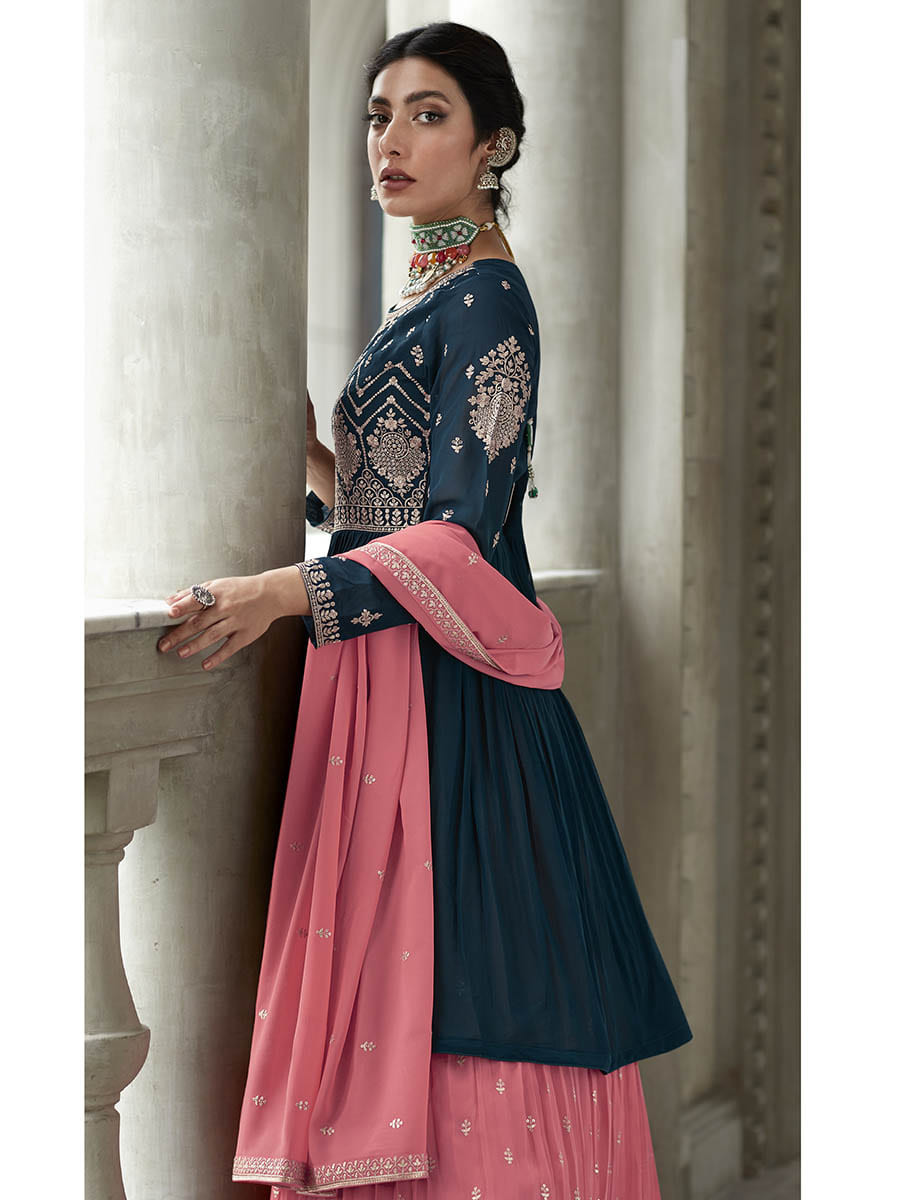 Myra Navy and Pink Georgette Skirt Style Embroidered Suit 