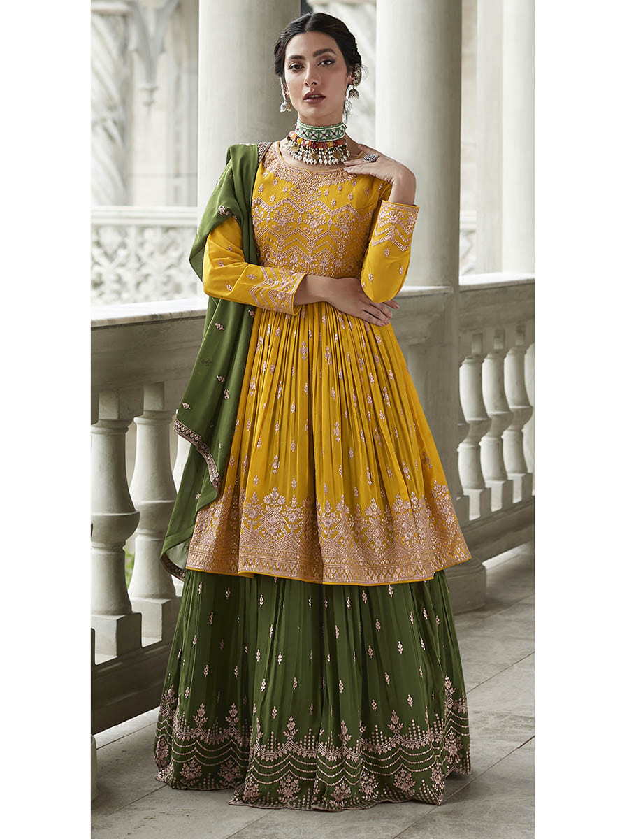 Myra Mehendi and Mustard Yellow Georgette Skirt Style Embroidered Suit 