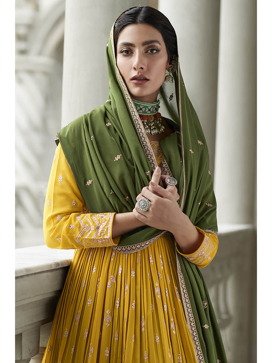 Myra Mehendi and Mustard Yellow Georgette Skirt Style Embroidered Suit 