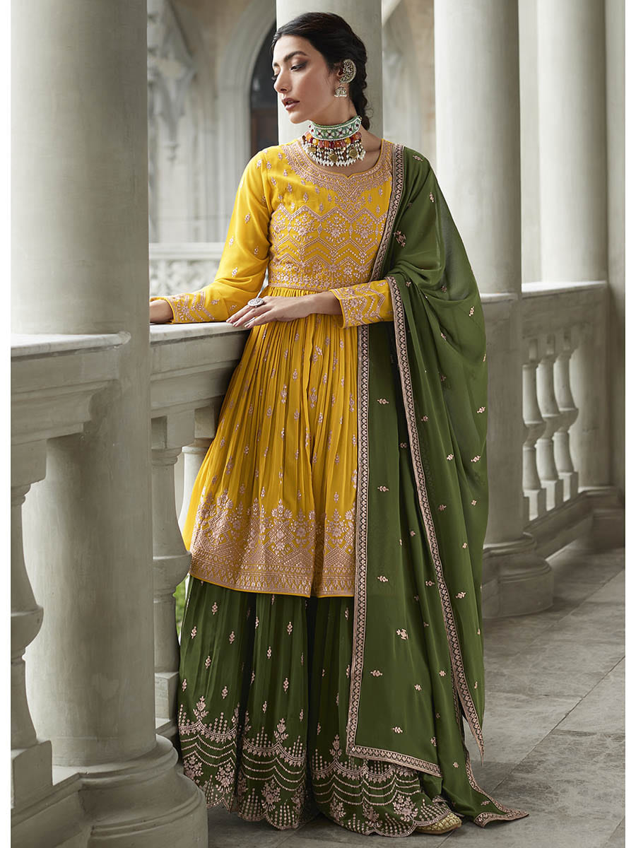 Myra Mehendi and Mustard Yellow Georgette Skirt Style Embroidered Suit 