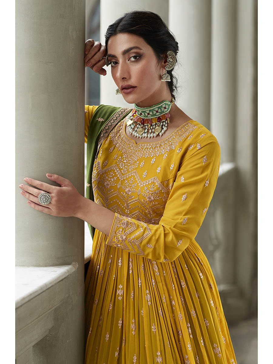 Myra Mehendi and Mustard Yellow Georgette Skirt Style Embroidered Suit 