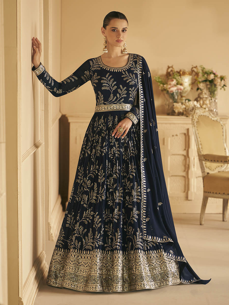 Myra Navy Blue Georgette Embroidered Designer Suit 