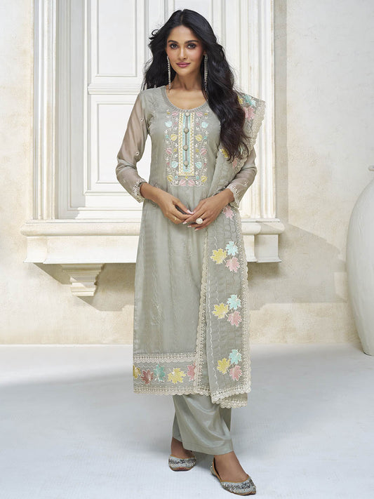 Myra Pastel Grey Organza Silk Embroidered Pant Style Suit