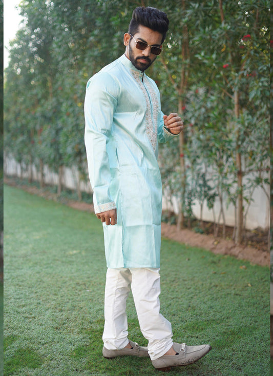 Prazu Fashion Sky Blue Shiny Silk Fabulous Coding Work Kurta With Pajama