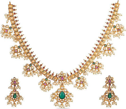 Jewel City Exquisite South Indian-Style Gold-Plated Necklace and Earrings Set with Pearl and Gemstone Accents | Grab2Buy