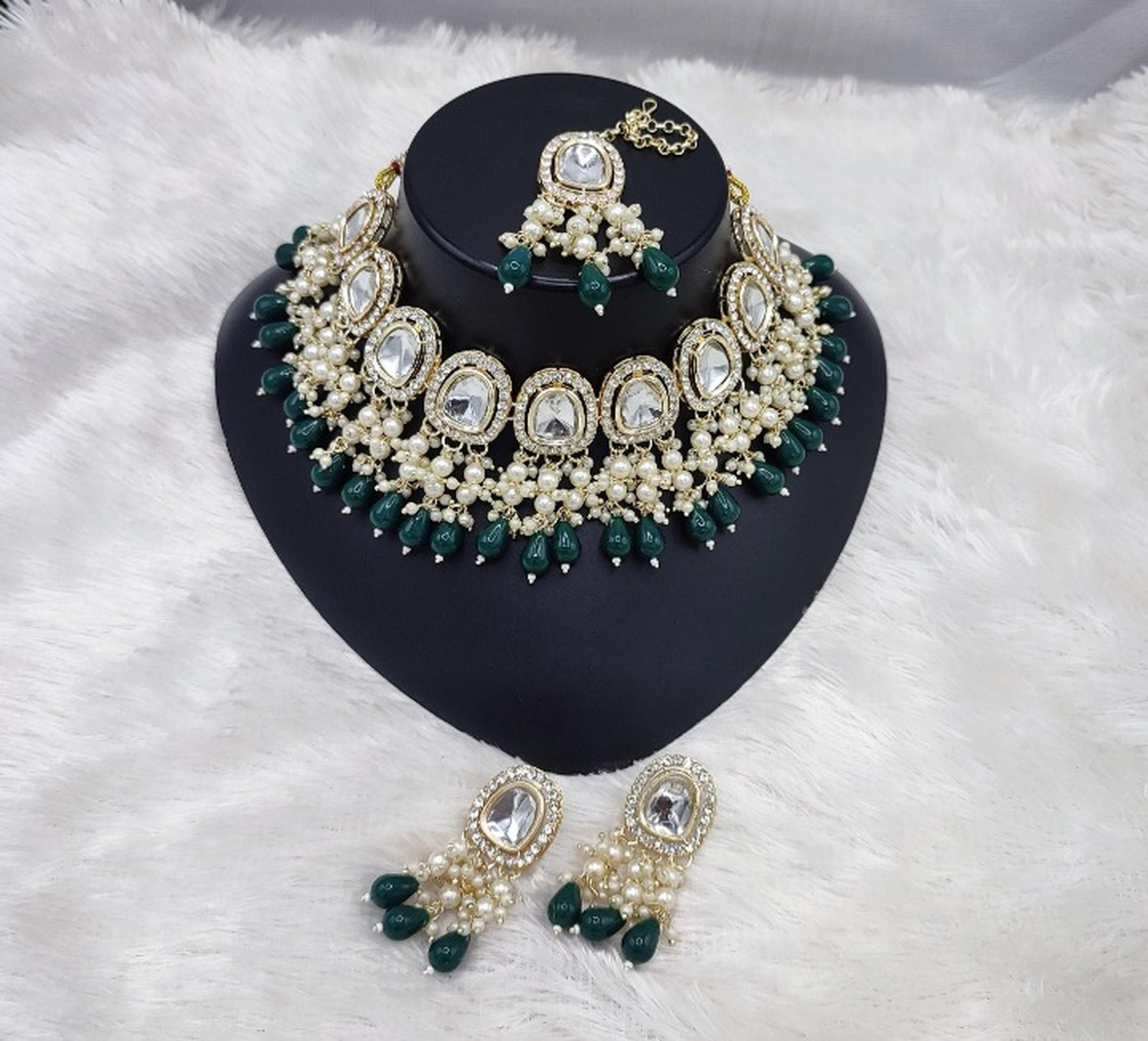 Jewel City Elegant Kundan Pearl Necklace Set with Emerald Green Drops and Matching Tikka | Grab2Buy