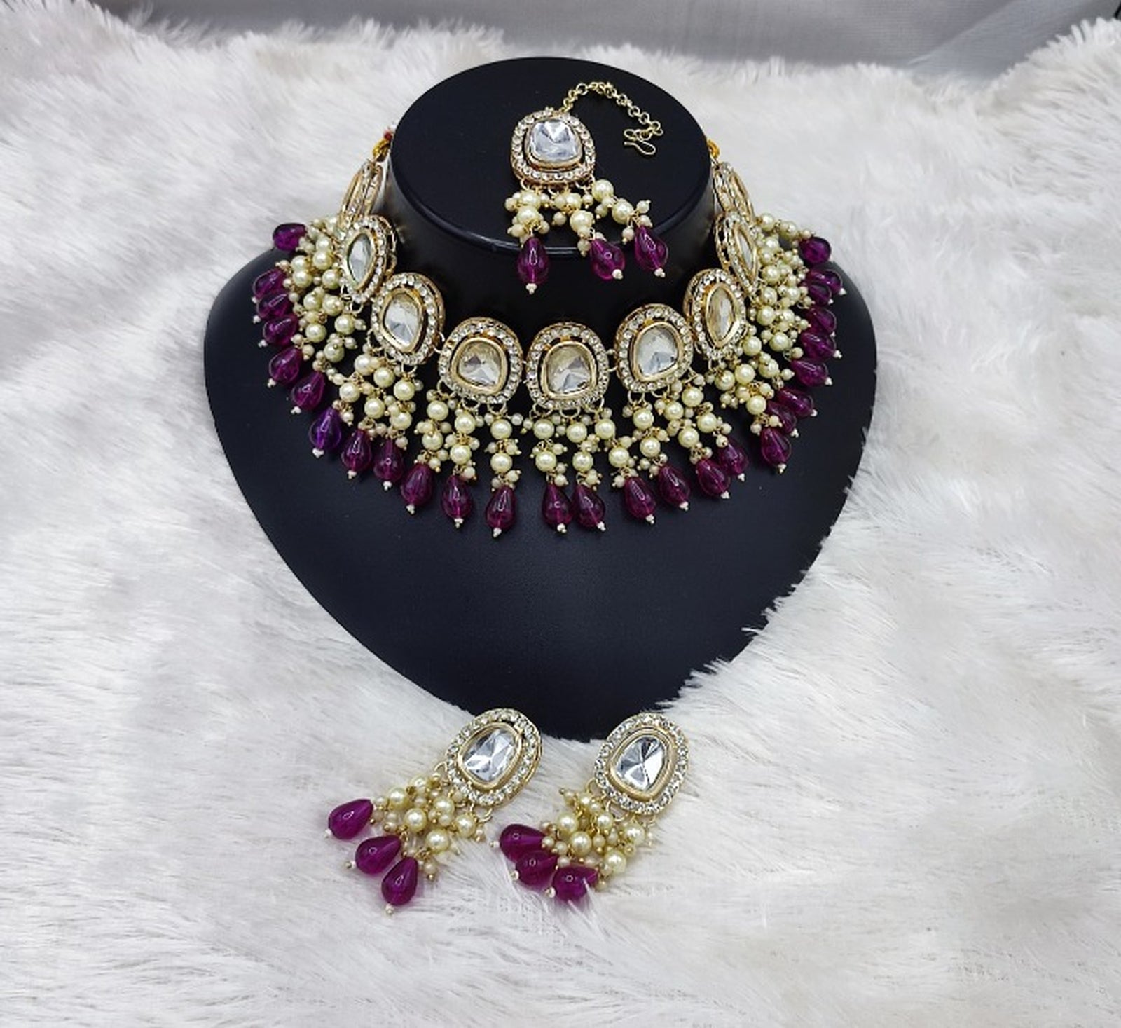 Jewel City Elegant Kundan Pearl Necklace Set with Wine Drops and Matching Tikka | Grab2Buy