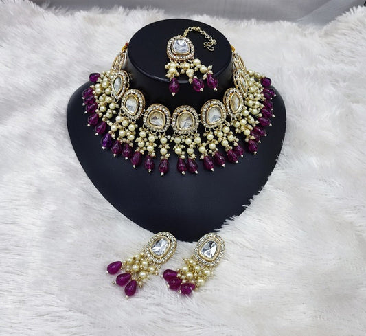 Jewel City Elegant Kundan Pearl Necklace Set with Wine Drops and Matching Tikka | Grab2Buy