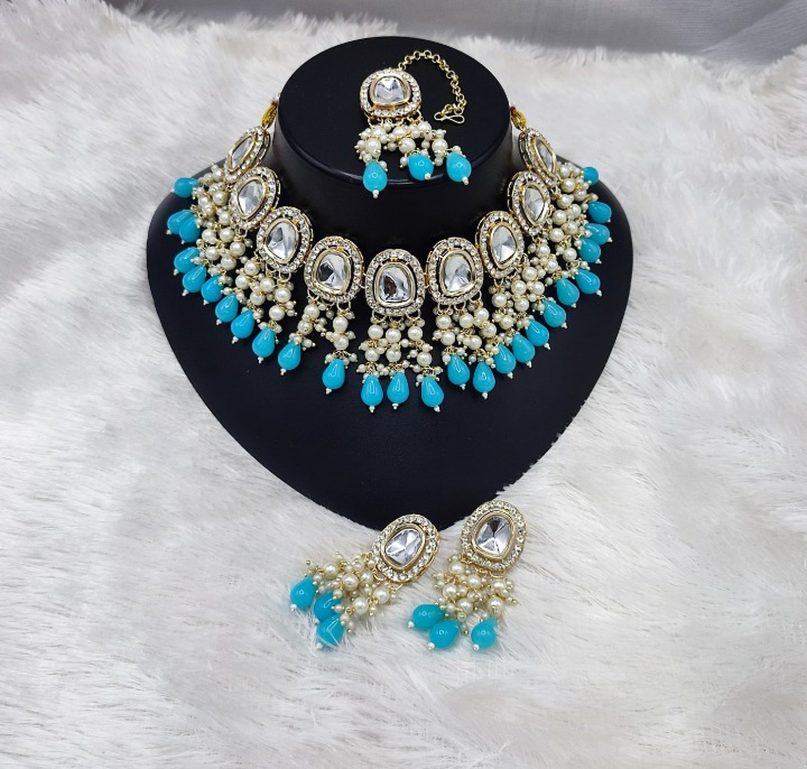 Jewel City Elegant Kundan Pearl Necklace Set with Turquoise Drops and Matching Tikka | Grab2Buy
