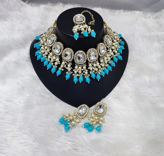 Jewel City Elegant Kundan Pearl Necklace Set with Turquoise Drops and Matching Tikka | Grab2Buy