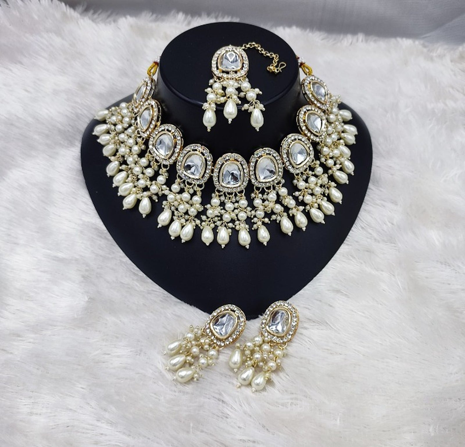 Jewel City Elegant Kundan Pearl Necklace Set with White Drops and Matching Tikka | Grab2Buy