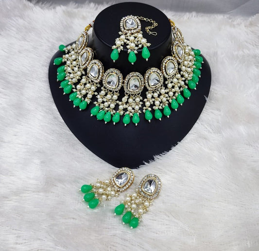 Jewel City Elegant Kundan Pearl Necklace Set with Mint Drops and Matching Tikka | Grab2Buy