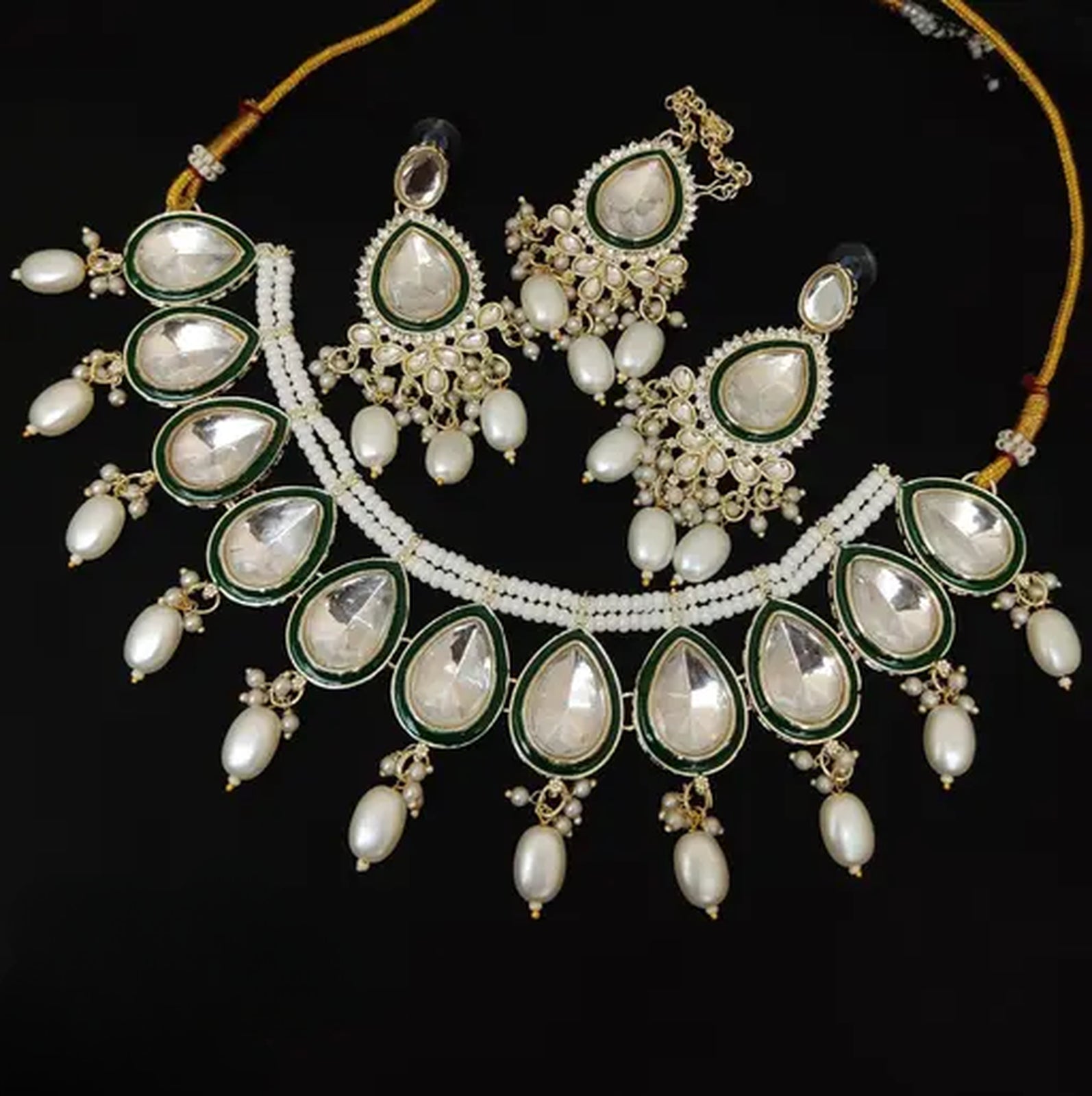 Jewel City Elegant Pearl and Kundan Necklace Set with Green Enamel Accents | Grab2Buy