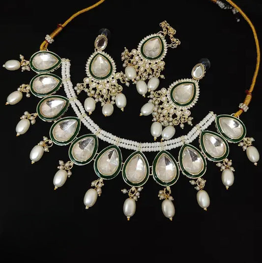 Jewel City Elegant Pearl and Kundan Necklace Set with Green Enamel Accents | Grab2Buy