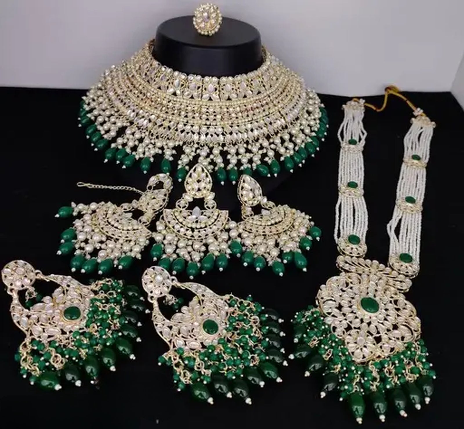 Jewel City Luxurious Pearl Kundan Bridal Jewelry Set - Necklace, Earrings, Tikka, and Long Necklace | Grab2Buy