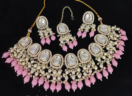 Jewel City Kundan Choker Necklace Set with Pink Beads and Pearls - Traditional Indian Wedding Jewelry | Grab2Buy